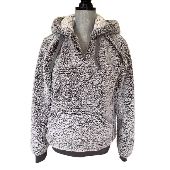 Altar'd State Sherpa Fleece Hoodie Pullover Sweater Gray Small V-Neck Cabincore - Picture 1 of 14